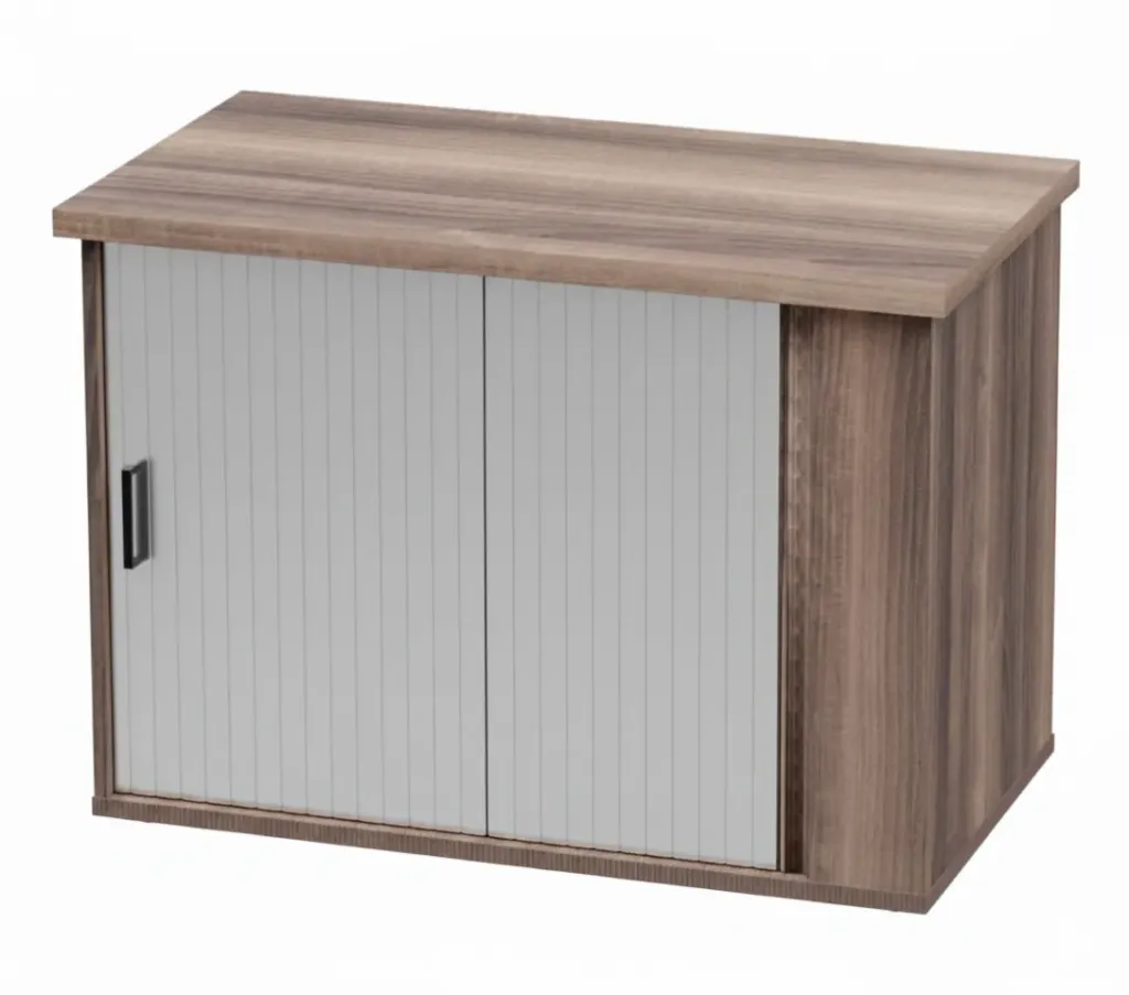 [FURN330-10060SRDAWT] Roller Door Credenza (White/Silver Door) (1000x600mm, American Walnut, Silver)