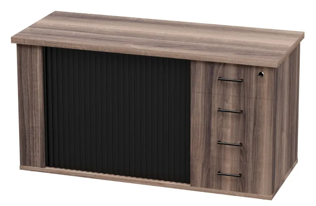 [FURN340-12060BRD4DAWT] Roller Door Pedenza (Black Door) (American Walnut, 4 Drawer)