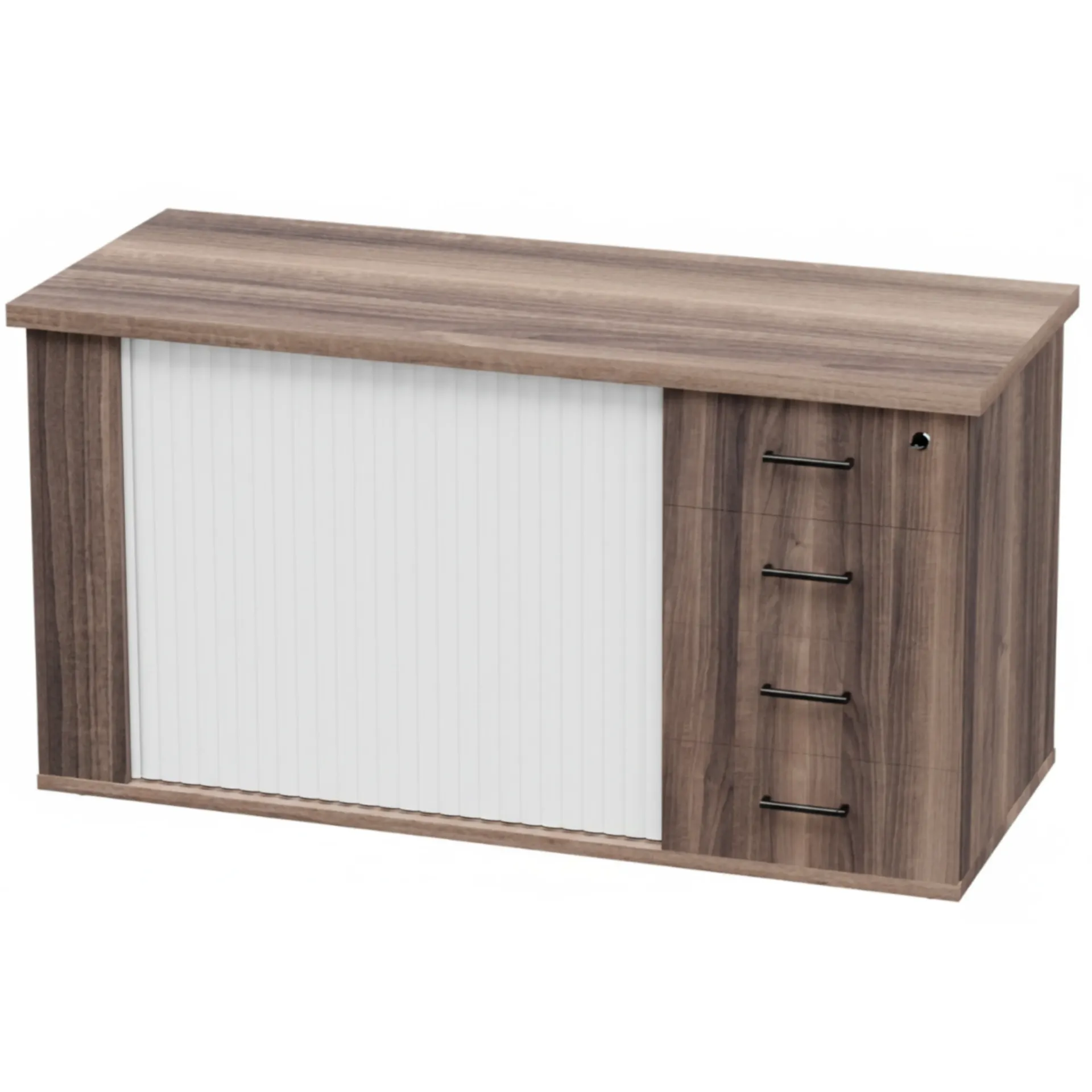 [FURN340-12060SRD4DAWT] Roller Door Pedenza (White/Silver Door) (American Walnut, Silver, 4 Drawer)